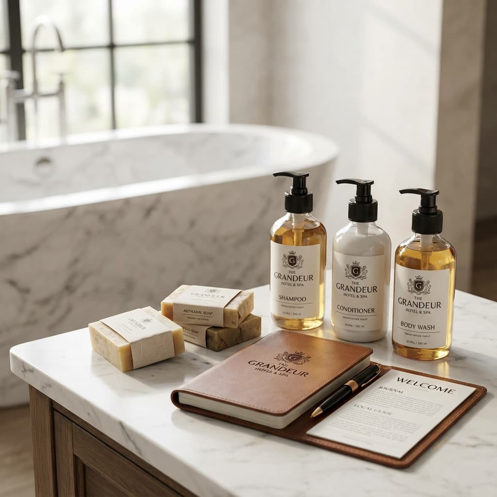 Guest soaps and toiletries set out in a holiday home bathroom