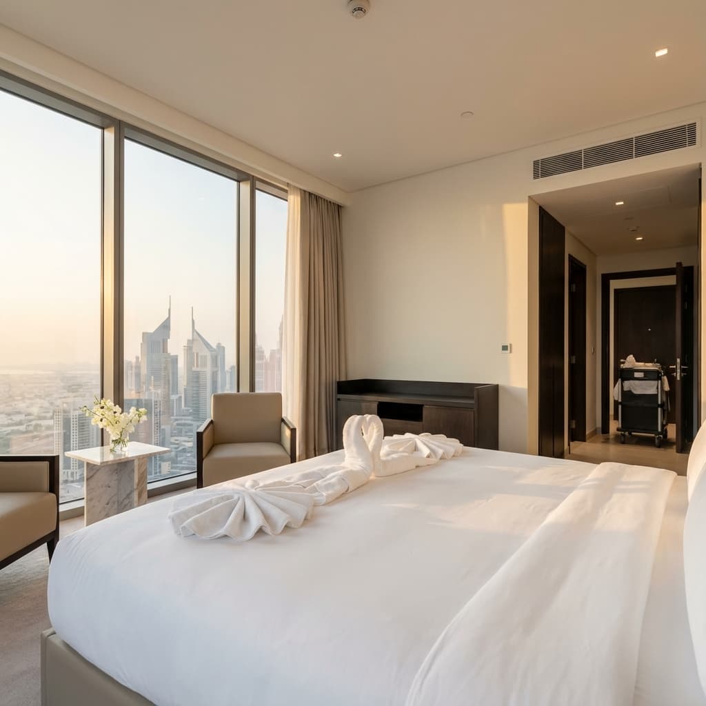 Fresh white bed linen and folded towels on a made bed in a Dubai holiday home