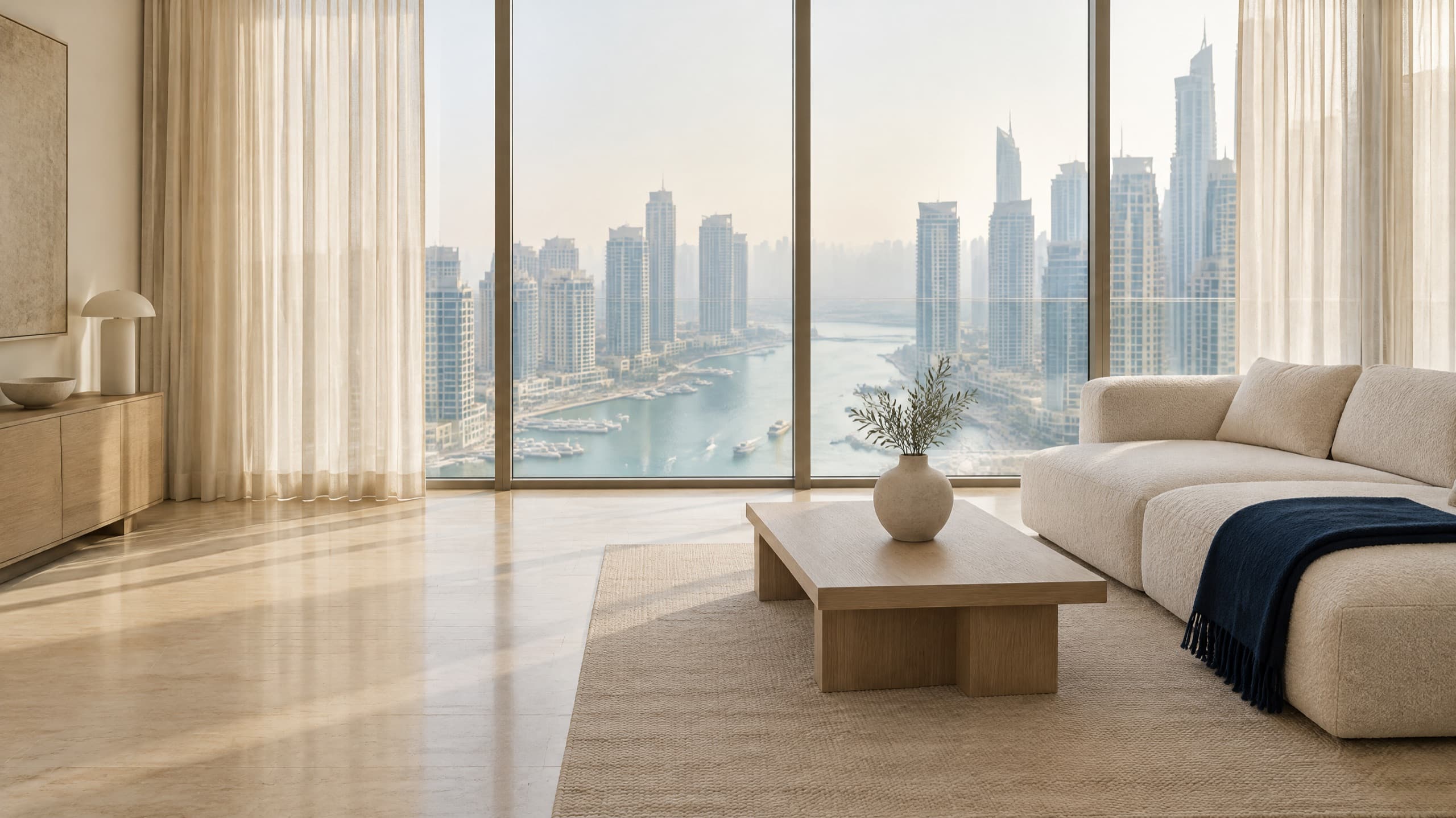 Clean Dubai Marina apartment living room with floor-to-ceiling windows