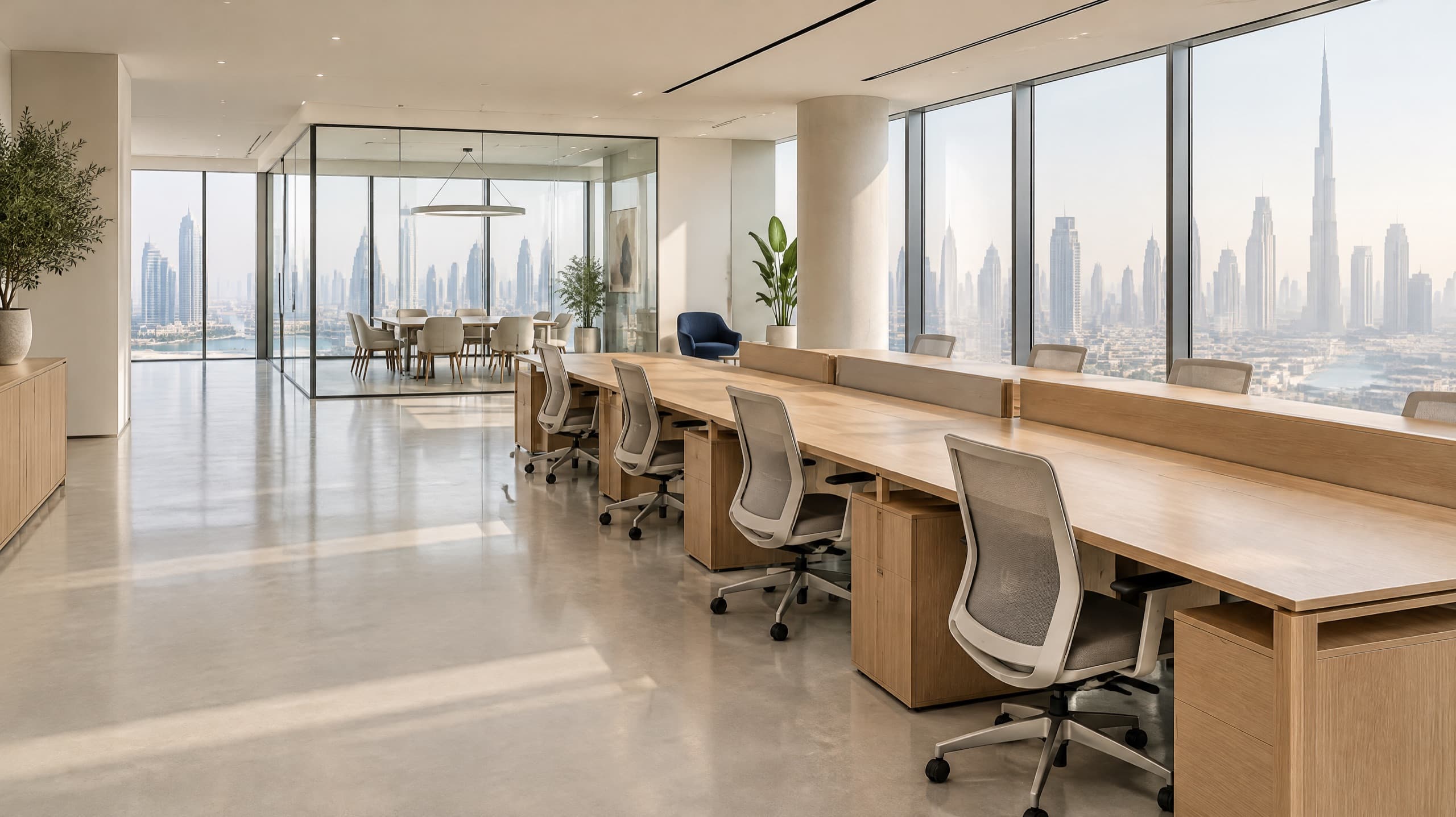 Clean open-plan office with tidy desks and a view of the Dubai skyline