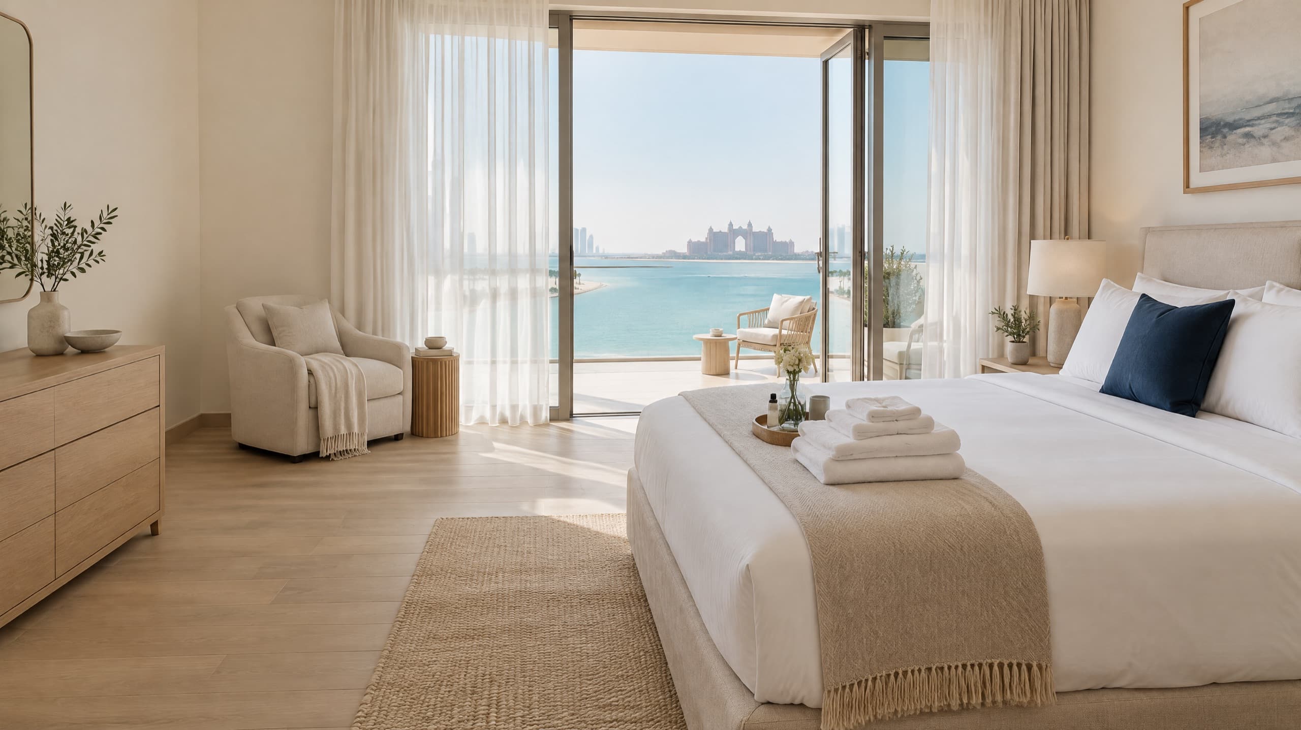 Holiday home bedroom on Palm Jumeirah with a freshly made bed and folded towels