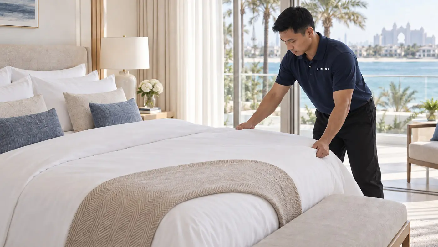 LUMINA cleaner making the bed in a Dubai apartment