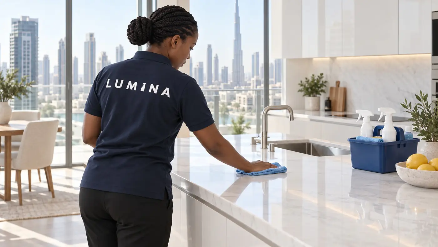 LUMINA cleaner wiping down a kitchen counter in a Dubai apartment